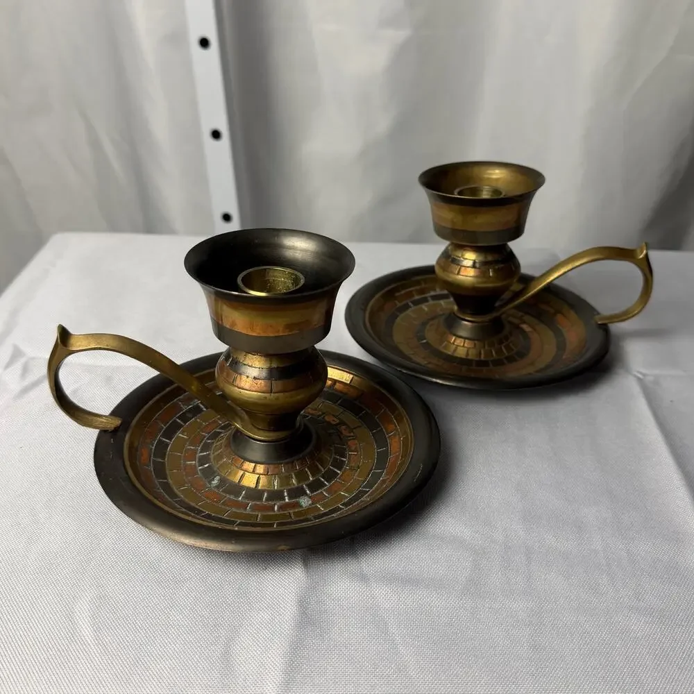 VTG Pair Brass Chamberstick Candle Holders Mosaic Inlay India Finger Loop Global